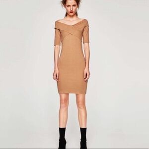Zara Trafaluc Off Shoulder Crossover Nude Bodycon Dress Size Small